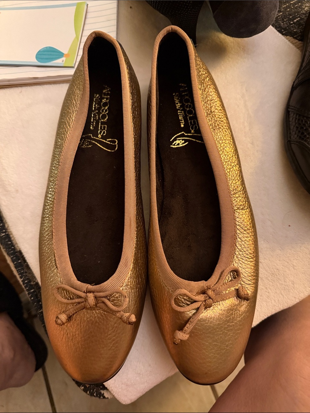 AEROSOLES Metallic Gold Ballet Flats with Bow Trim